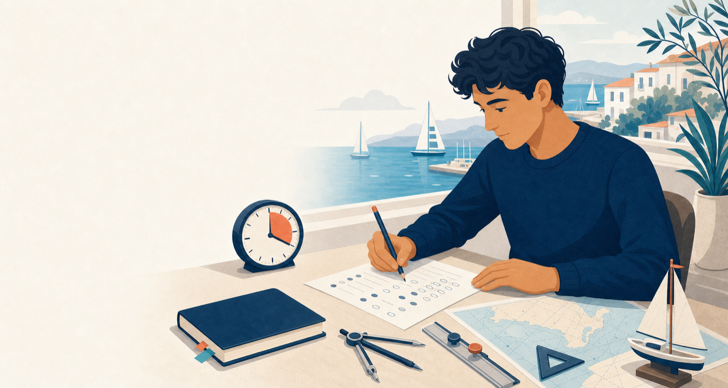 Estudiante preparando el examen PER con carta náutica y reloj